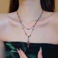 Vintage Double Layer Rhinestone Round Glass Cross Pendant Necklace For Women view 3
