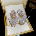 925 Sterling Silver Oval Pearl Teardrop Tassel Drop Earrings With Cubic Zirconia French Elegant Style view 2