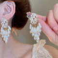 925 Sterling Silver Oval Pearl Teardrop Tassel Drop Earrings With Cubic Zirconia French Elegant Style view 1