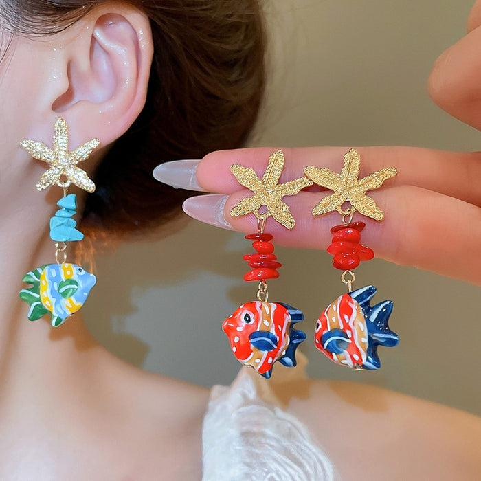 Glazed Stone Starfish And Fish Vacation Style Stud Earrings With Steel Pins