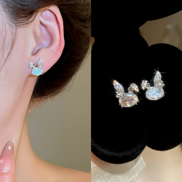Copper Zircon Rabbit Stud Earrings For Women Light Luxury Sweet Minimalist Animal Design
