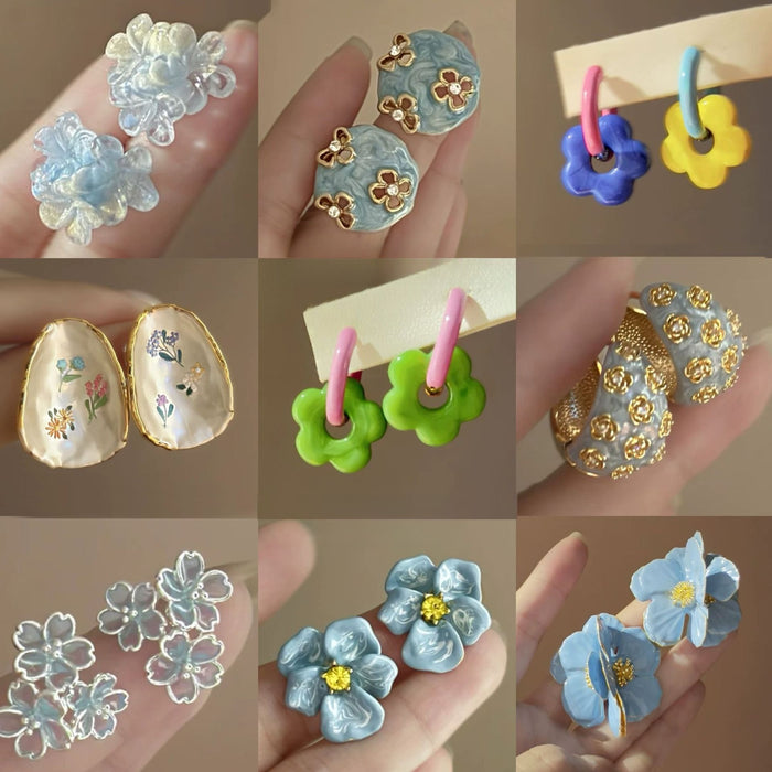 Fresh Blue Floral Enamel Rhinestone Alloy Stud Earrings For Women Summer Fashion