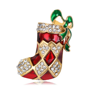 Red Christmas Stocking Brooch, Gold-Tone Alloy, Green Bow, Clear Stones