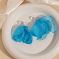 Elegant Blue Fabric Petal Flower Pearl Stud Drop Earrings For Women Beach Vacation Style Earrings view 3