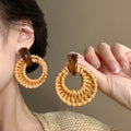 Resin Geometric Round Rattan Woven Long Vacation Style Wood Bamboo Drop Earrings view 1