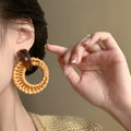 Resin Geometric Round Rattan Woven Long Vacation Style Wood Bamboo Drop Earrings view 2