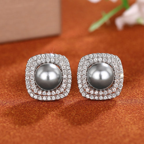 Elegant Imitation Pearl Stud Earrings Geometric Square Chunky Round Design For Women