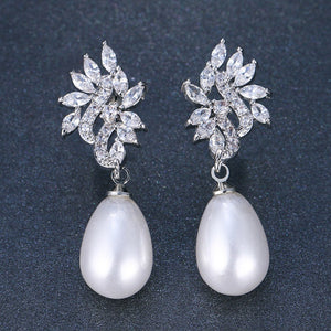 Light Luxury Faux Pearl Teardrop Earrings With Micro Pave Zircon, Elegant Fashion Jewelry