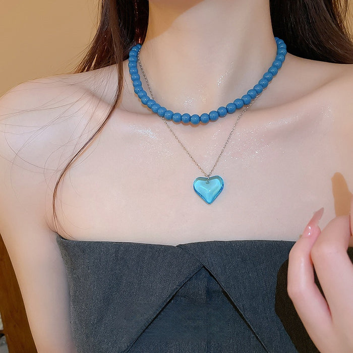 2026 New Double Layer Resin Heart Pendant Necklace, Light Luxury Fashion Collarbone Chain