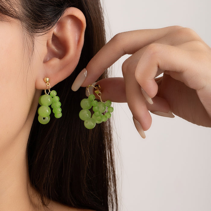 Elegant Green Grape Cluster Acrylic Bead Alloy Stud Double Layer Sweet Fresh Statement Earrings