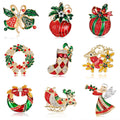 Red Gold Tone Christmas Reindeer Wreath Seven Designs Metal Brooch Pin view 1