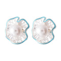 French Vintage Faux Pearl Hollow Flower Stud Earrings With Silver Pins And Enamel Drip Oil Design view 5
