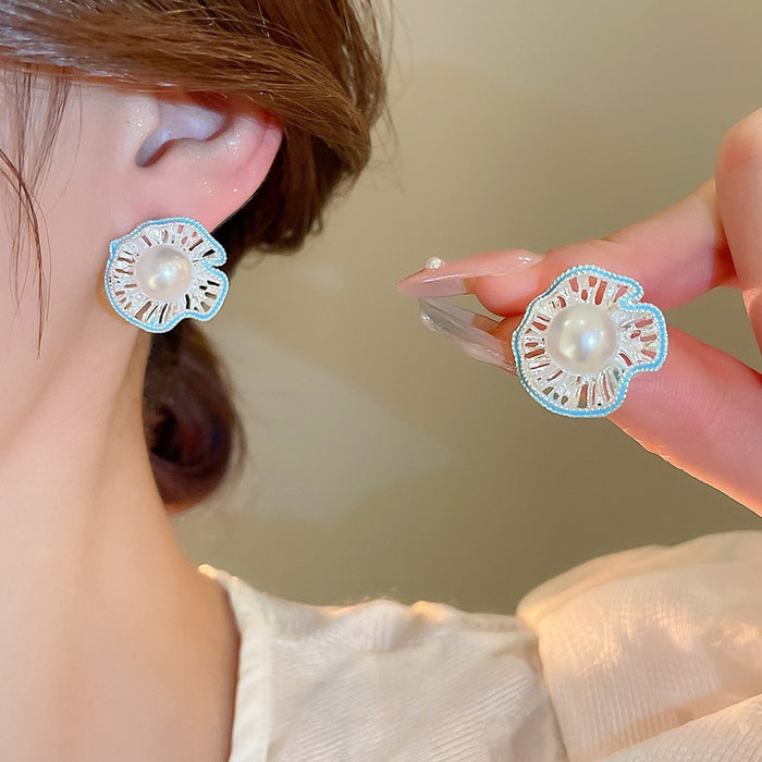 French Vintage Faux Pearl Hollow Flower Stud Earrings With Silver Pins And Enamel Drip Oil Design