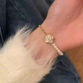Light Luxury Faux Pearl Camellia Flower Bangle With Rhinestone Enamel Design For Women view 1