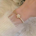 Light Luxury Faux Pearl Camellia Flower Bangle With Rhinestone Enamel Design For Women view 2