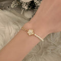 Light Luxury Faux Pearl Camellia Flower Bangle With Rhinestone Enamel Design For Women view 3