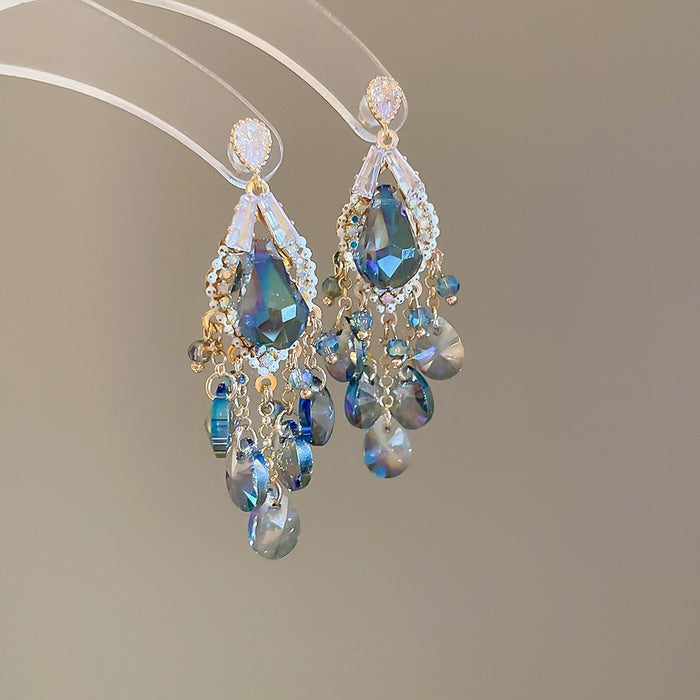 Glass Bead Teardrop Tassel Drop Earrings Ethnic Style Silver Needle Studs For Women