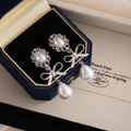 Elegant French Ballet Silver Alloy Bowknot Rhinestone Floral Pearl Pendant Stud Women's Earrings view 2