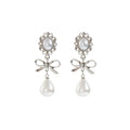Elegant French Ballet Silver Alloy Bowknot Rhinestone Floral Pearl Pendant Stud Women's Earrings view 5