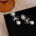 Elegant French Ballet Silver Alloy Bowknot Rhinestone Floral Pearl Pendant Stud Women's Earrings view 4