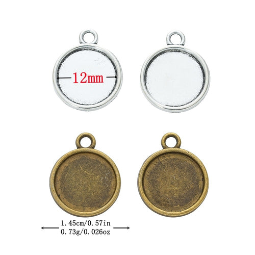 12mm Zinc Alloy Round Bezel Charm Pendant No.896790 for DIY Necklace Bracelet Jewelry Making