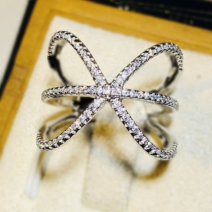 Women's Linear Open Ring Cross Line Design Micro Paved Zircon Fashion Finger Jewelry