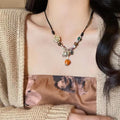 New Chinese Style Ceramic Floral Heart Beaded Adjustable Drawstring Clavicle Necklace For Women view 3