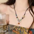 New Chinese Style Ceramic Floral Heart Beaded Adjustable Drawstring Clavicle Necklace For Women view 4