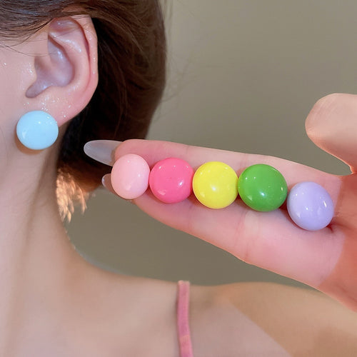 Colorful Acrylic Round Bean Stud Earrings With Silver Pins Minimalist Modern Sweet Style