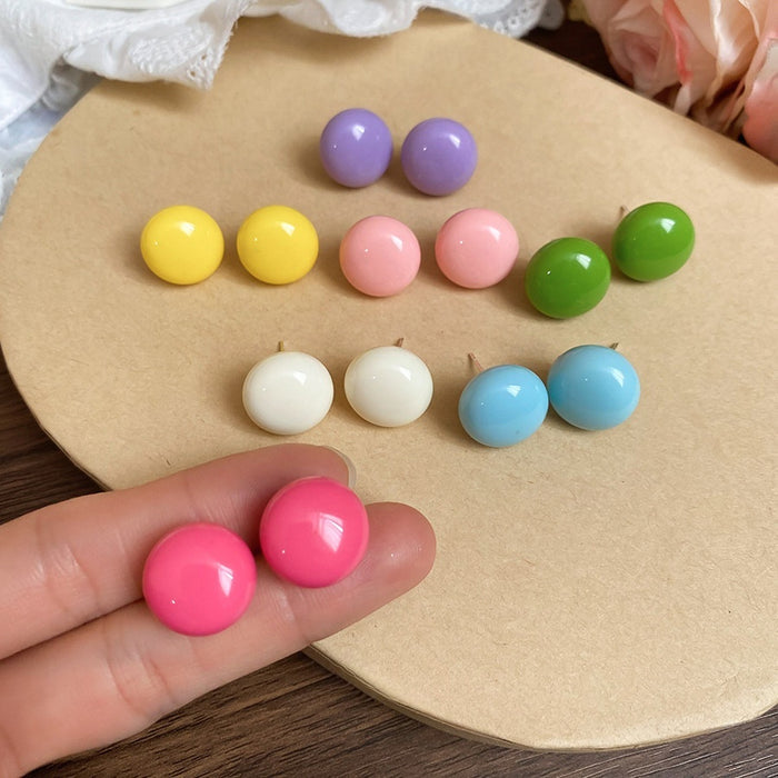 Colorful Acrylic Round Bean Stud Earrings With Silver Pins Minimalist Modern Sweet Style