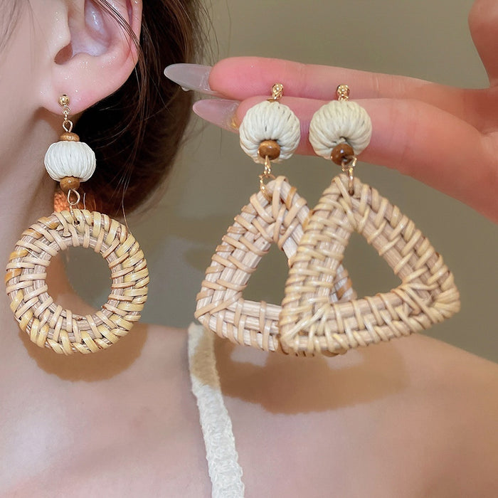Bohemian Woven Wood Round Geometric Drop Earrings With Silver Pin Vintage Ethnic Summer Jewelry
