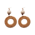 Bohemian Woven Wood Round Geometric Drop Earrings With Silver Pin Vintage Ethnic Summer Jewelry view 5