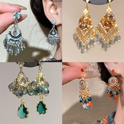 Vintage Alloy Butterfly Crystal Rhinestone Long Tassel Drop Earrings With Silver Needle Posts