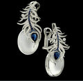 Silver Tone Peacock Feather Moonstone Blue Clip On Earrings view 1