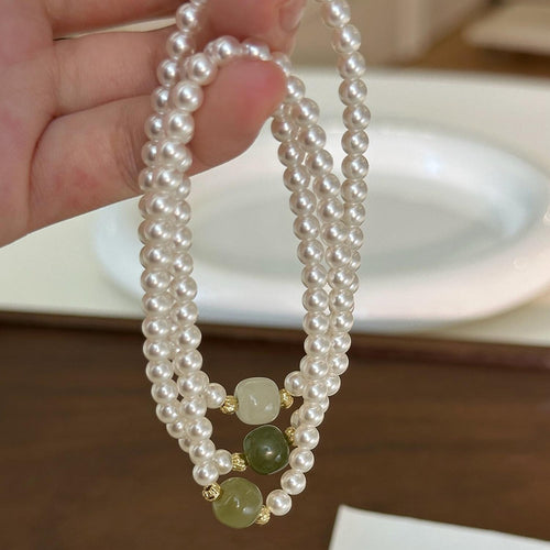 New Chinese Style Faux Pearl And Crystal Beaded Bangle With Hetian Jade Inspired Round Geometric Charm