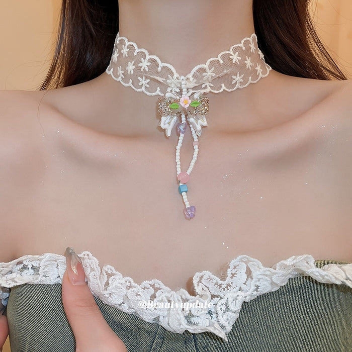 Sweet Fabric Bow Lace Tassel Choker Necklace, Elegant Fashion Collarbone Jewelry