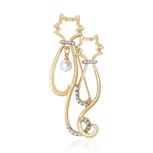 Alloy Rhinestone Pearl Double Cat Brooch Pin For Suit Coat