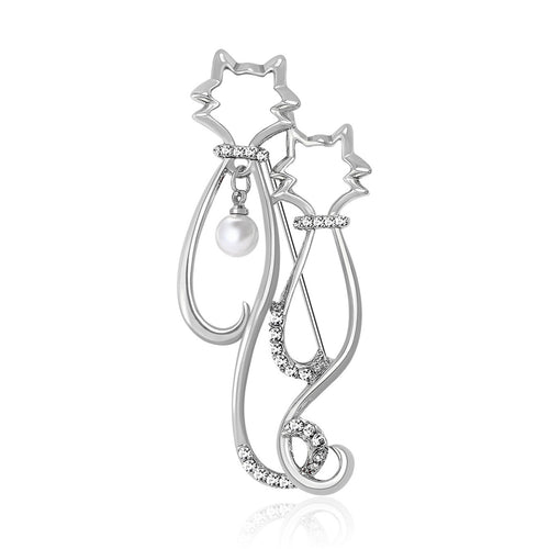 Alloy Rhinestone Pearl Double Cat Brooch Pin For Suit Coat