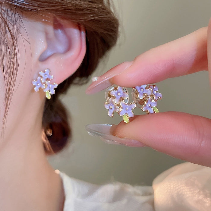 Alloy Enamel Flower Stud Earrings With Silver Pins, Sweet Fresh Minimalist Fashion Jewelry