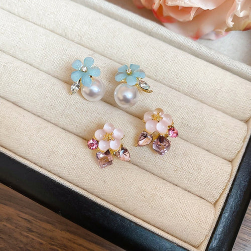 Sweet Floral Faux Pearl Stud Earrings With Rhinestone Accents Fresh Fashion Design