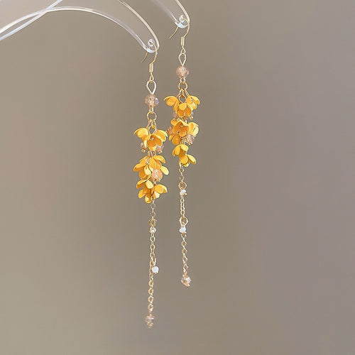 Glazed Glass Osmanthus Floral Tassel Drop Earrings, Fresh Forest Style Long Vacation Jewelry