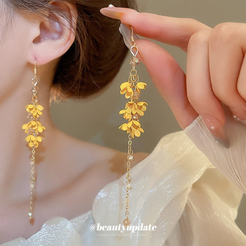 Glazed Glass Osmanthus Floral Tassel Drop Earrings, Fresh Forest Style Long Vacation Jewelry