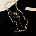 Light Luxury Vintage Multi Layer Faux Pearl Cross Pendant Choker Necklace For Women view 4