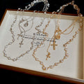 Light Luxury Vintage Multi Layer Faux Pearl Cross Pendant Choker Necklace For Women view 2