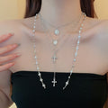 Light Luxury Vintage Multi Layer Faux Pearl Cross Pendant Choker Necklace For Women view 3