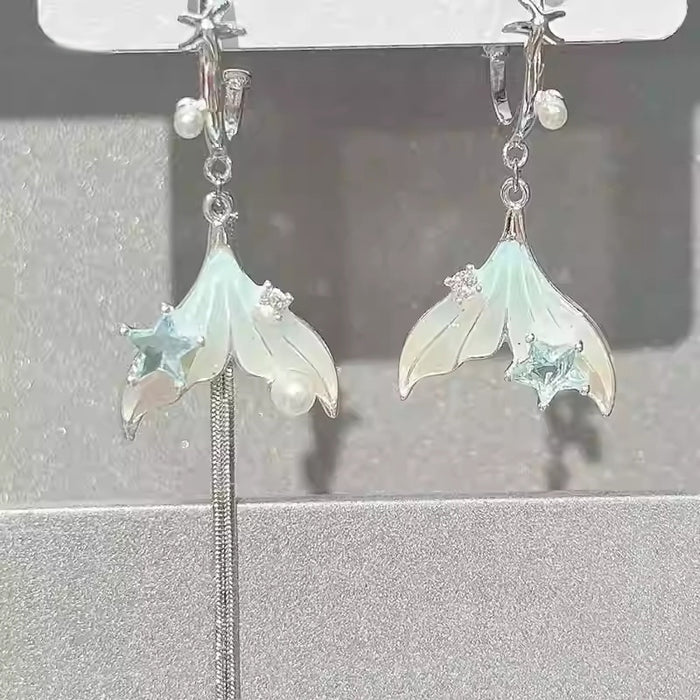 Faux Pearl Asymmetric Fishtail Long Clip-on Earrings Elegant Chic Animal Tail Design