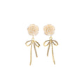 Elegant French White Camellia Flower Rhinestone Bow Tassel Alloy Stud Drop Dangle Earrings view 5