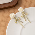 Elegant French White Camellia Flower Rhinestone Bow Tassel Alloy Stud Drop Dangle Earrings view 2