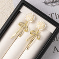 Elegant French White Camellia Flower Rhinestone Bow Tassel Alloy Stud Drop Dangle Earrings view 3
