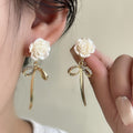 Elegant French White Camellia Flower Rhinestone Bow Tassel Alloy Stud Drop Dangle Earrings view 1